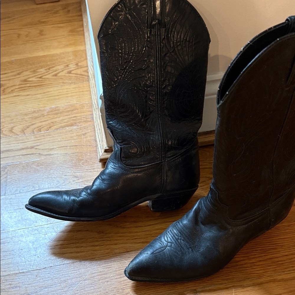 Classic Black Leather Western Heeled Boots
